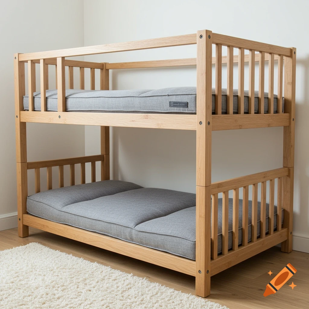 Modern wooden dog bunk bed with two gray cushioned mattresses sits on a white shag rug.