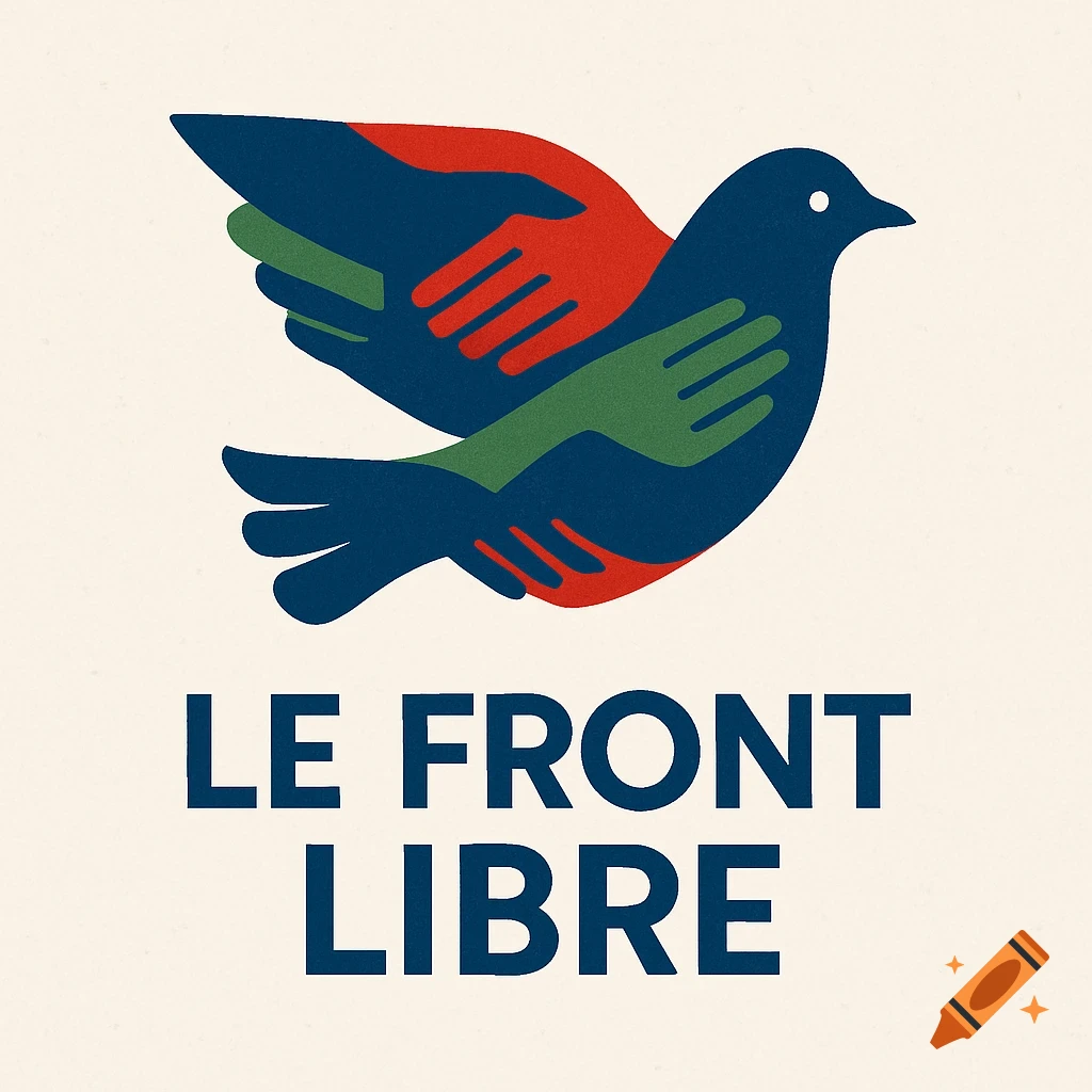 A stylized logo with a dark blue dove formed by interlocking red and green hands, with the text 'LE FRONT LIBRE' below on an off-white background.