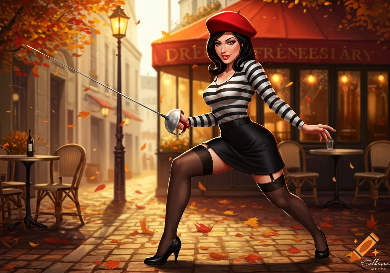 A stylized illustration of a female French duelist in a red beret and striped shirt, holding a foil on an autumn Parisian street.