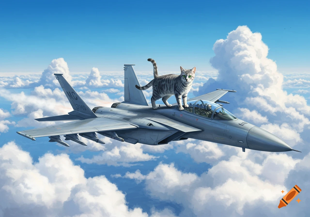 A gray tabby cat stands atop a fighter jet flying high in a bright blue sky filled with white clouds.
