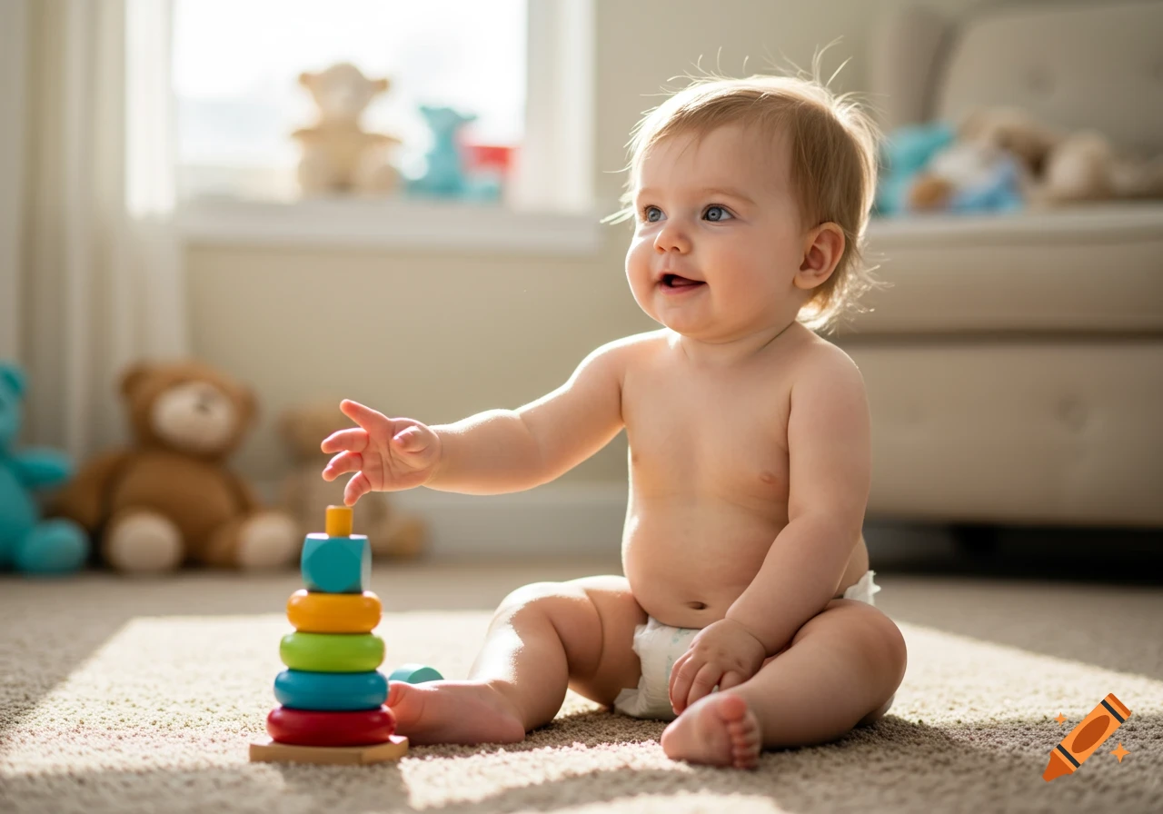 A happy baby in a diaper sits on a carpet, reaching for a colorful stacking toy in a sunlit room.
