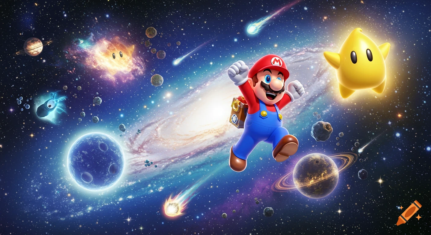 Super Mario, wearing his iconic red cap and blue overalls, joyfully leaps through a vibrant galaxy filled with stars, planets, and a yellow Luma.