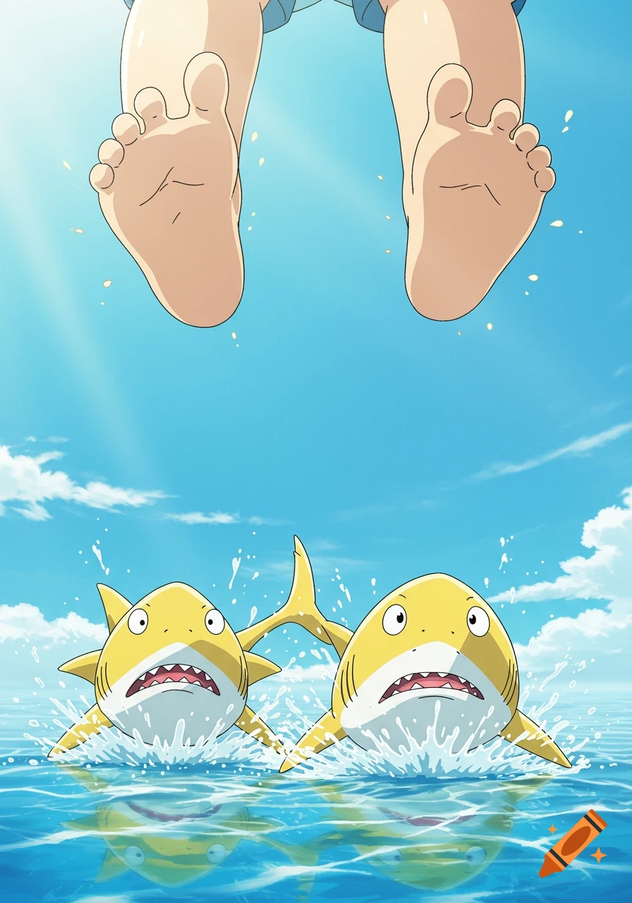 Anime illustration of a child's giant feet descending towards two panicked yellow sharks splashing in blue water.