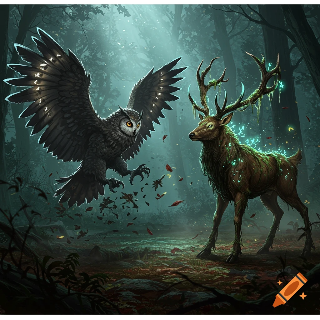A large fantasy owl with glowing eyes confronts a magical moss-covered deer with glowing antlers in a dark forest.