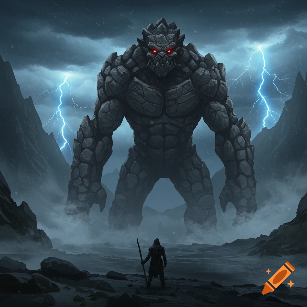 A giant rock monster with glowing red eyes faces a small warrior in a dark, stormy mountain landscape with lightning. Epic fantasy digital art.