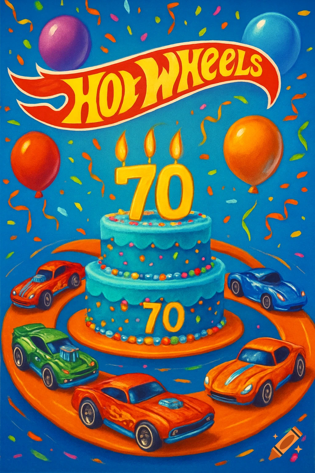 A vibrant blue birthday illustration featuring a two-tier cake with "70" candles, surrounded by various Hot Wheels cars, balloons, confetti, and a "Hot Wheels" banner.