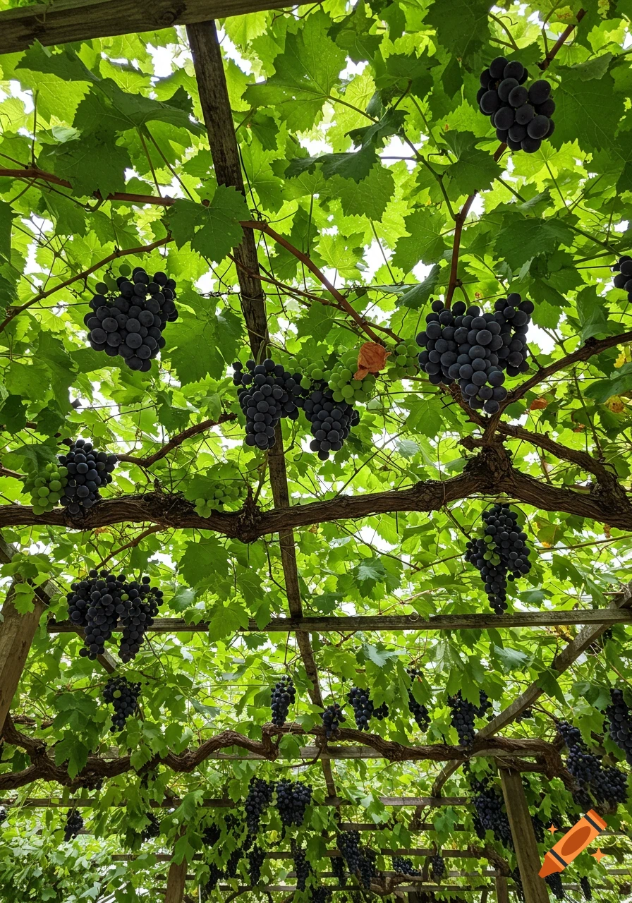 Photorealistic view from below a wooden trellis covered in lush green grapevines with hanging clusters of ripe dark purple and green grapes.