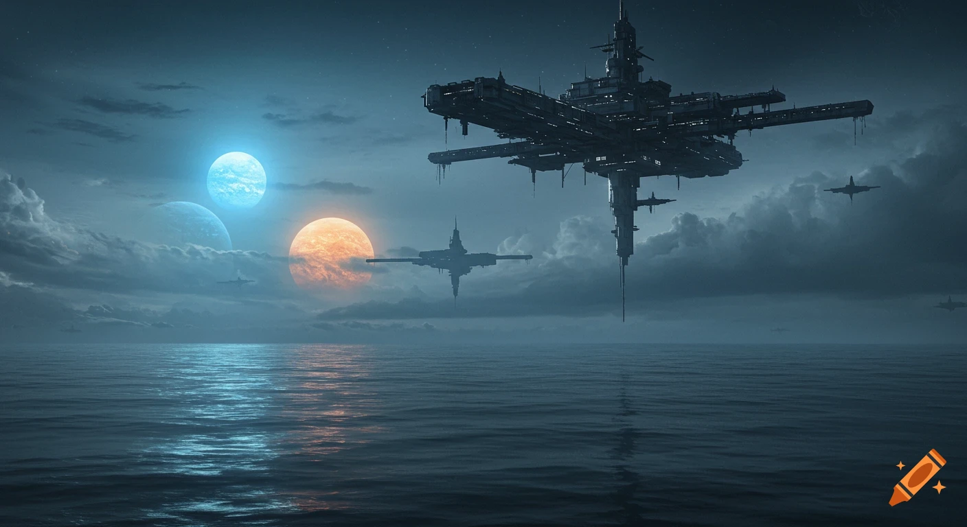 A panoramic digital painting of a futuristic space station over a dark ocean, under an alien sky with blue and orange planets reflecting on the water.