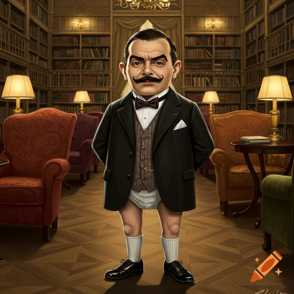 A cartoonish man resembling Hercule Poirot, wearing a suit jacket, waistcoat, bow tie, shoes, socks, and white underwear, stands in a grand library.