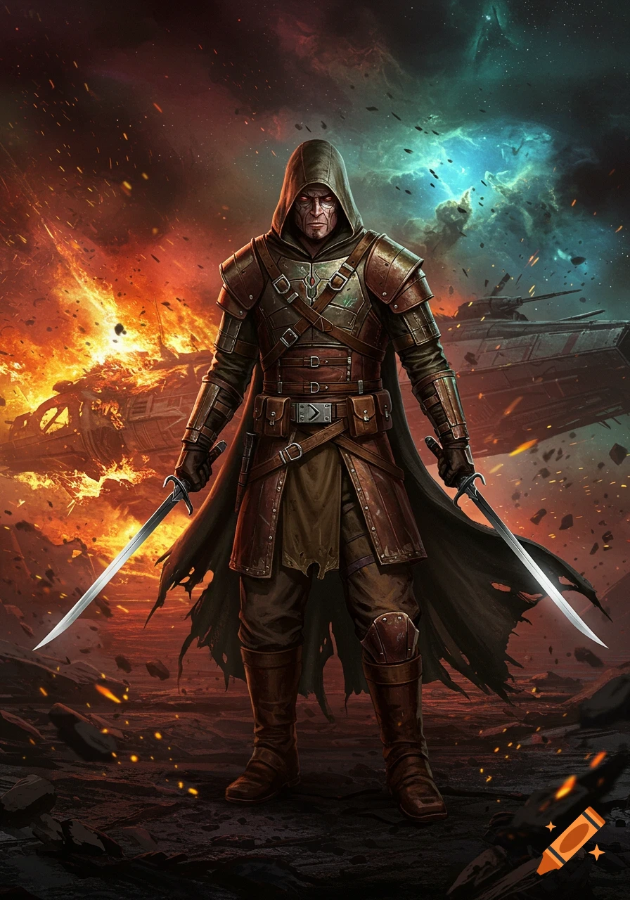 Hooded warrior in leather armor with two swords stands on a rocky battlefield with explosions and a nebula, digital art.