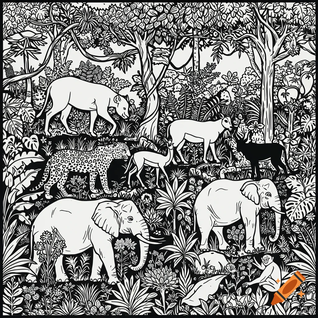 Black and white illustration of wild animals including elephants, leopard, deer, and a monkey in a dense jungle.