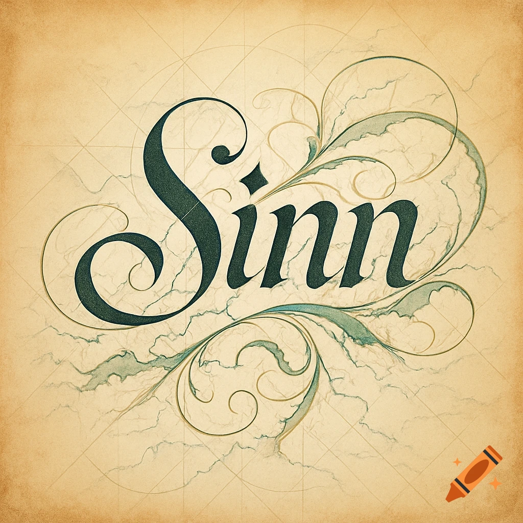 Stylized black and green 'Sinn' text with elaborate flourishes on a vintage parchment background with faint grid lines.