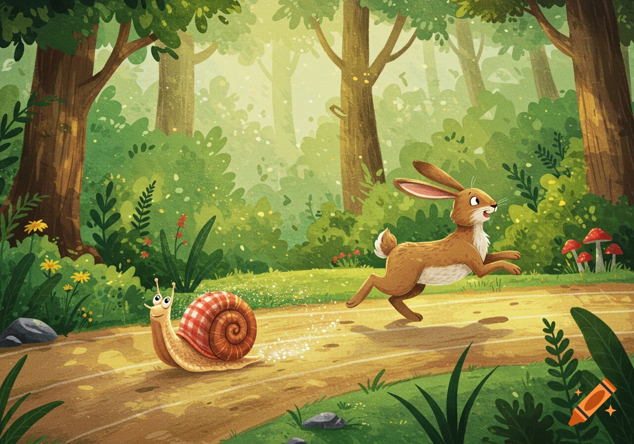 A colorful children's illustration shows a happy snail and a hare racing on a dirt track through a vibrant forest.