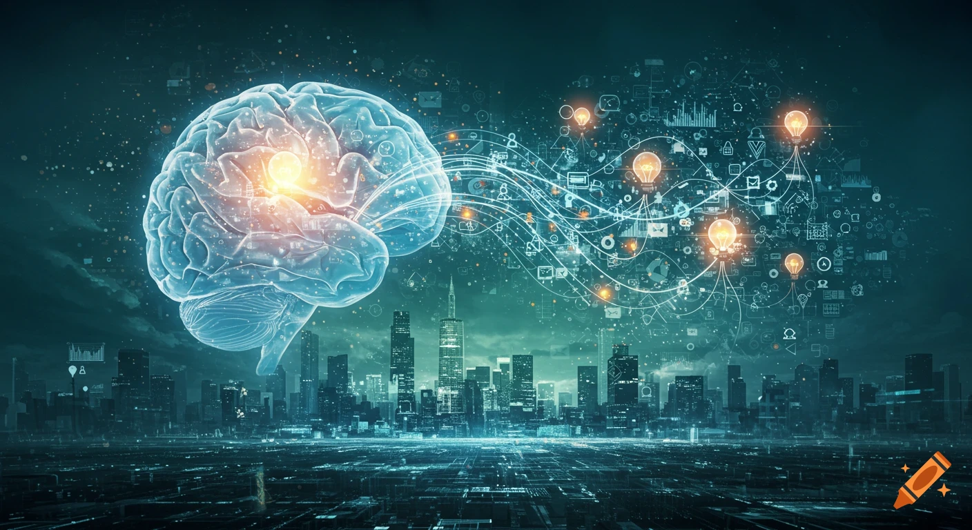 A glowing, translucent brain floats above a dark cityscape, connected by illuminated lines to a cloud of digital icons and ideas.