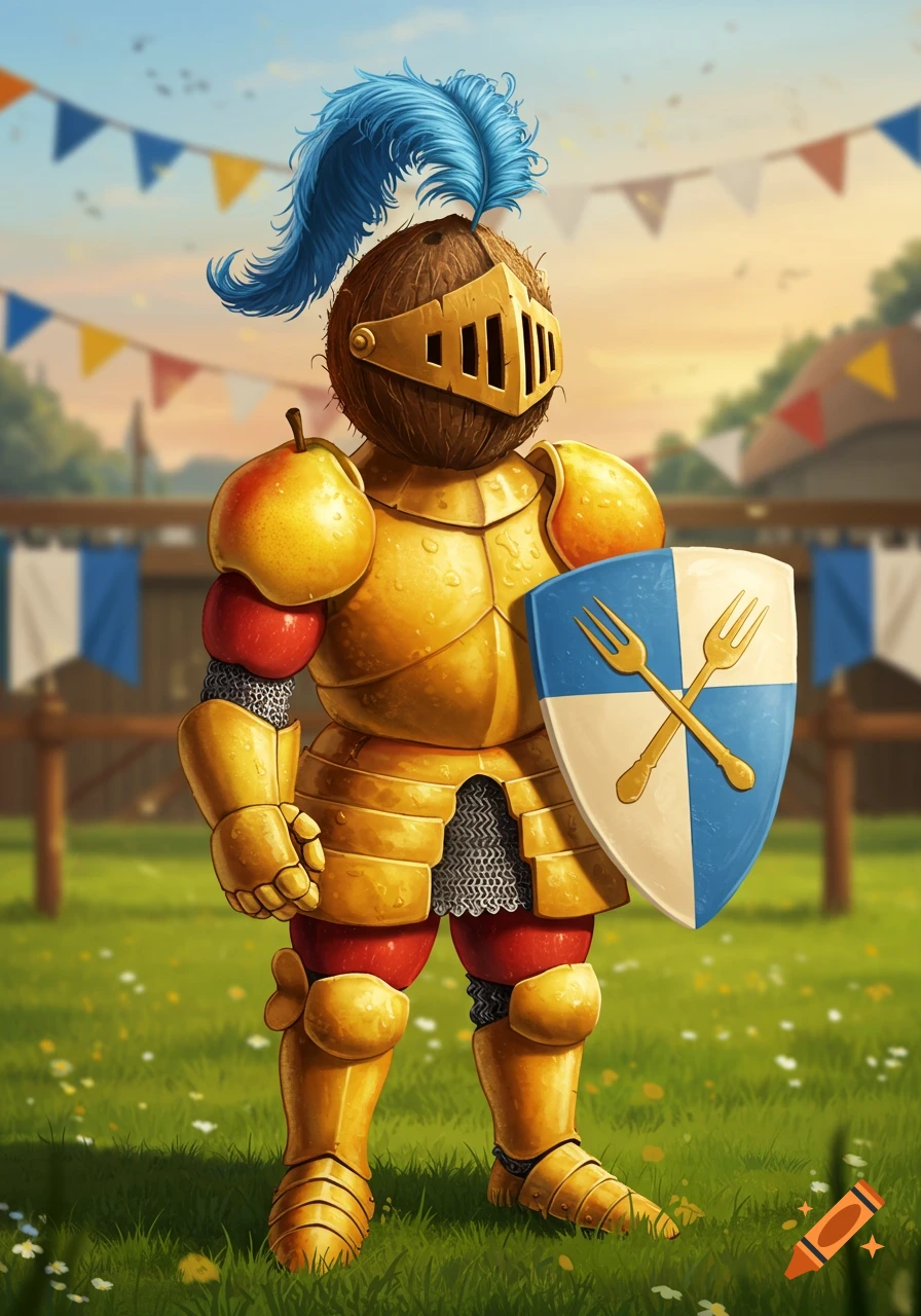 Illustrated coconut knight in golden armor with a pear shoulder, holding a blue and white shield with crossed forks, in a grassy field.