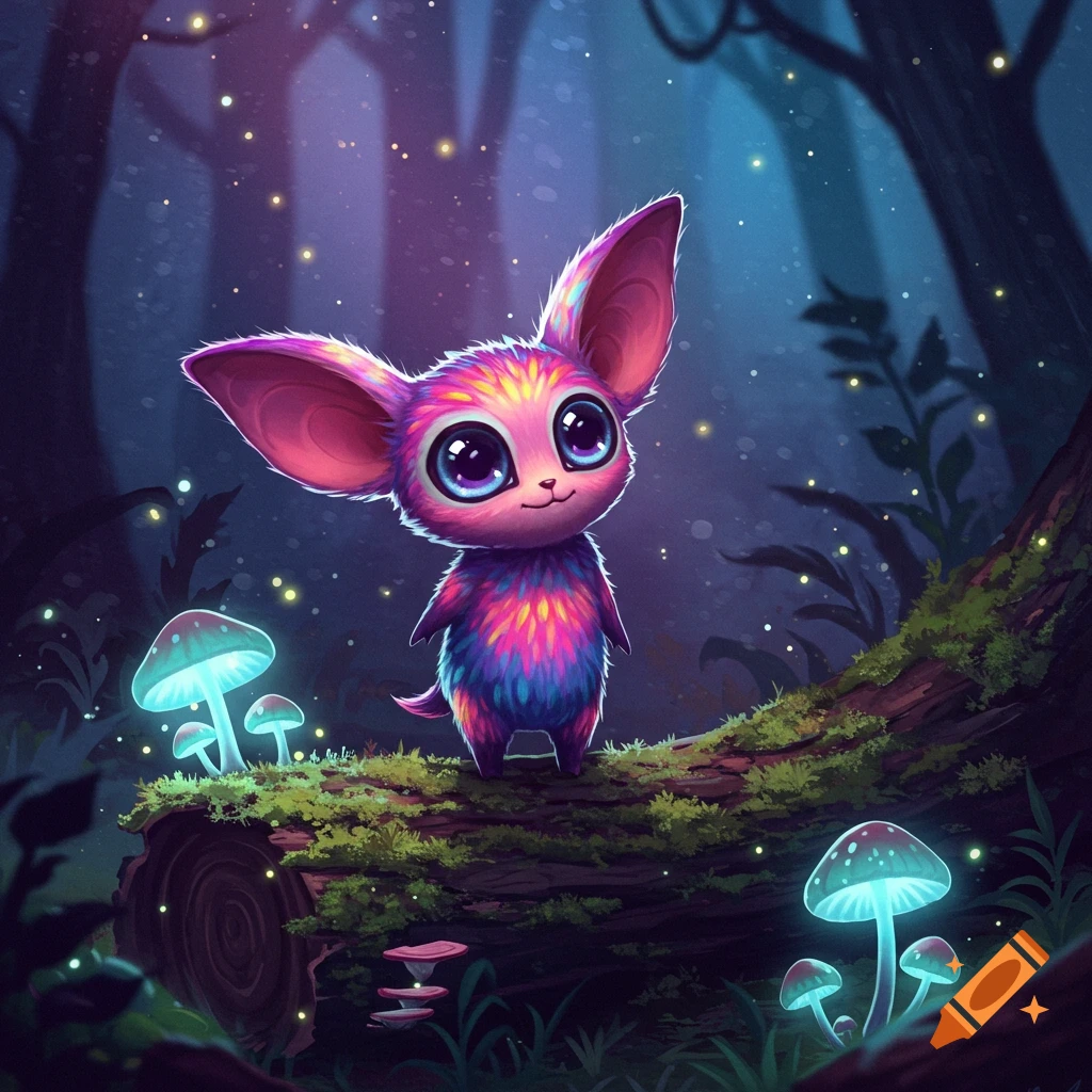 A vibrant, big-eyed, large-eared creature stands on a mossy log in a magical forest with glowing mushrooms and fireflies, in a cute cartoon style.