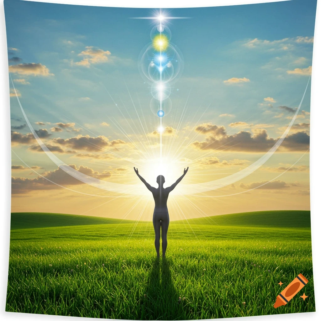 Silhouette of a person with raised arms in a vibrant green field, facing a bright sun with a column of glowing orbs rising into a blue sky.