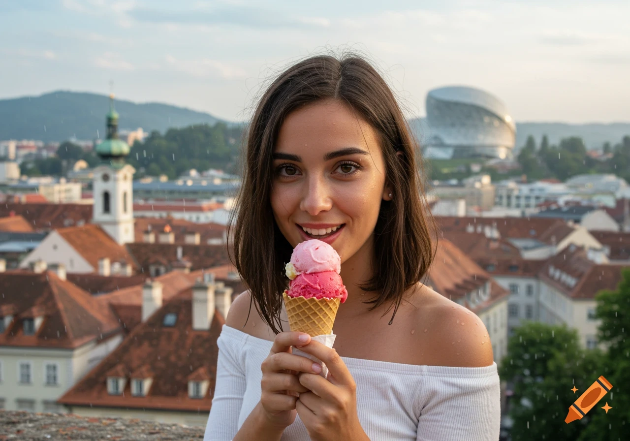 A smiling young woman in a white off-shoulder top holds a pink two-scoop ice cream cone with a cityscape under light rain.