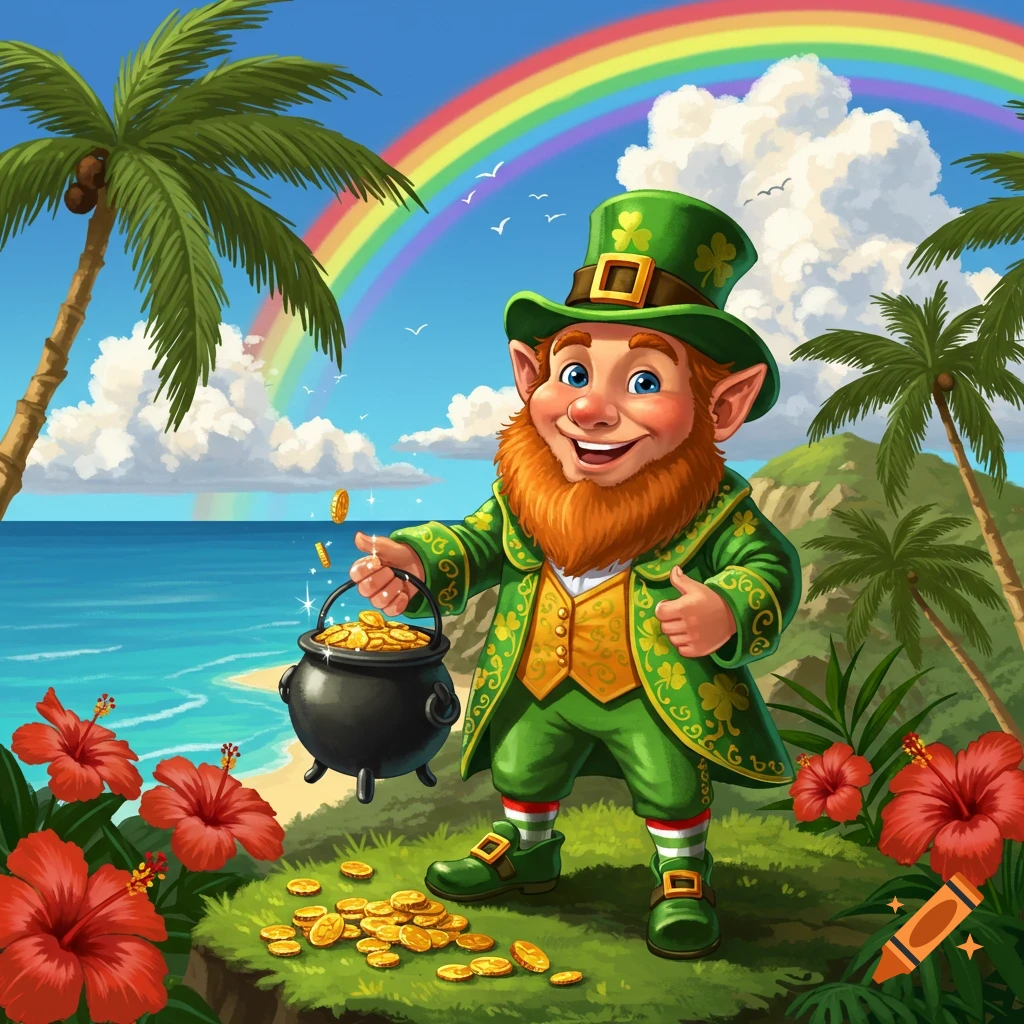A cheerful cartoon leprechaun on a tropical beach, holding a pot of gold with coins spilling, giving a thumbs up. A rainbow arches over the ocean and palm trees.
