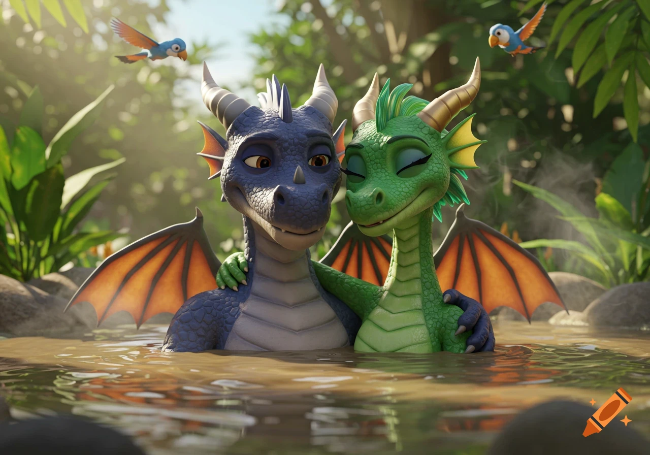 A blue and a green cartoon dragon embrace in a muddy hot tub, surrounded by lush jungle foliage with two small birds flying above, in a 3D animation style.