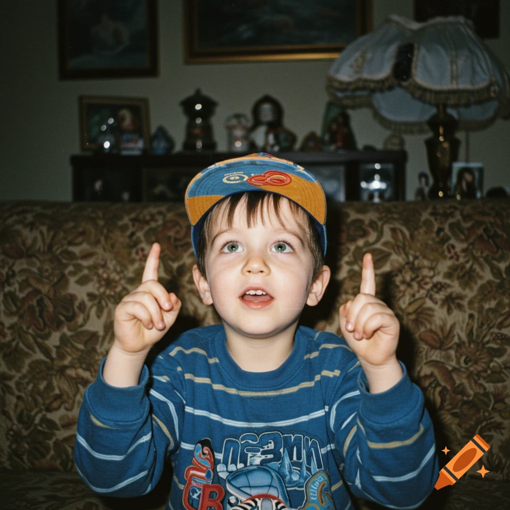 A young boy in a backwards cap and striped shirt sits on a floral couch, looking up and pointing with both hands, in a vintage Polaroid style.