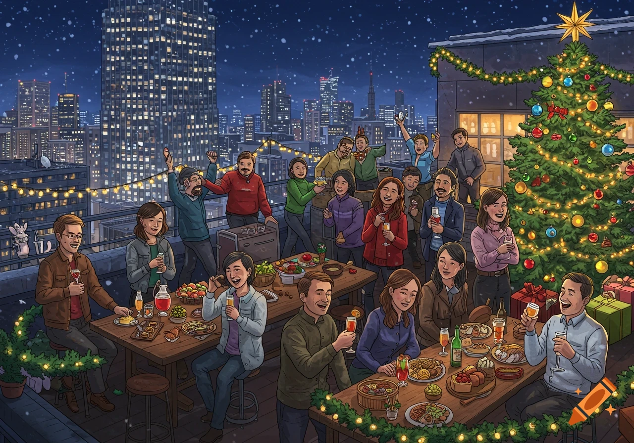 An illustrated Christmas party on a city rooftop at night, with diverse people eating and drinking around decorated tables.
