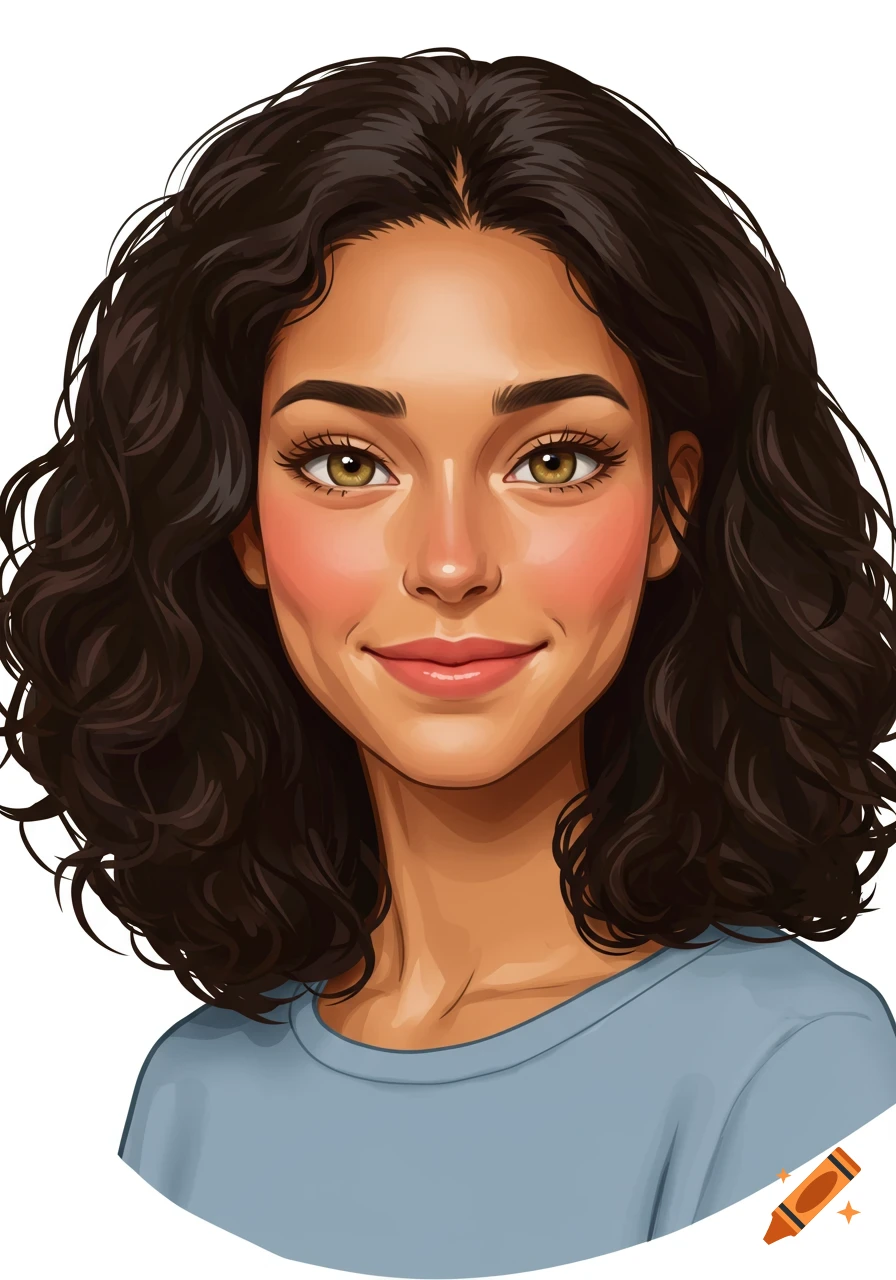 Modern cartoon portrait of a smiling woman with dark curly hair, hazel eyes, olive skin, wearing a light blue sweater.