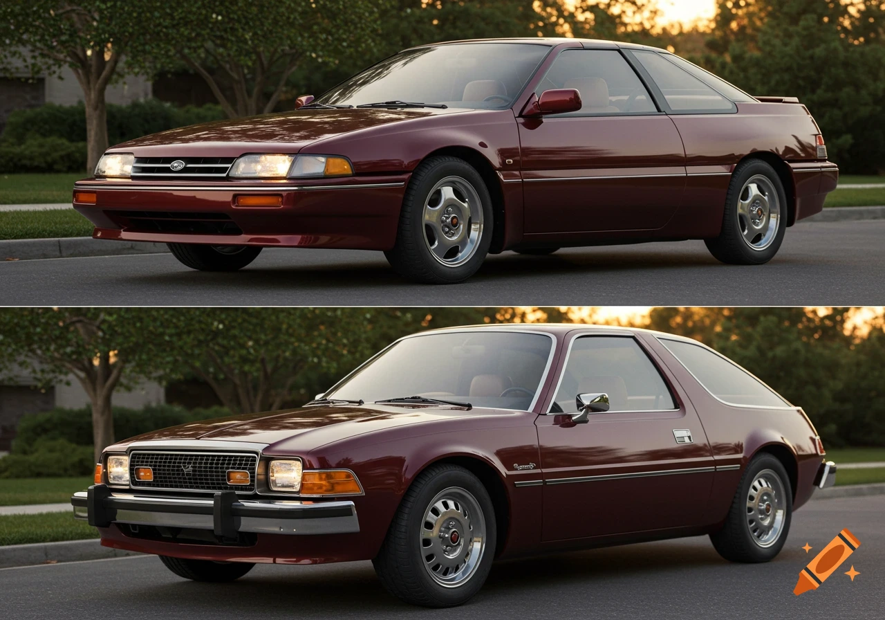 Two photorealistic burgundy hybrid cars parked on a street at sunset, one with a Subaru SVX front and AMC Pacer rear, the other reversed.