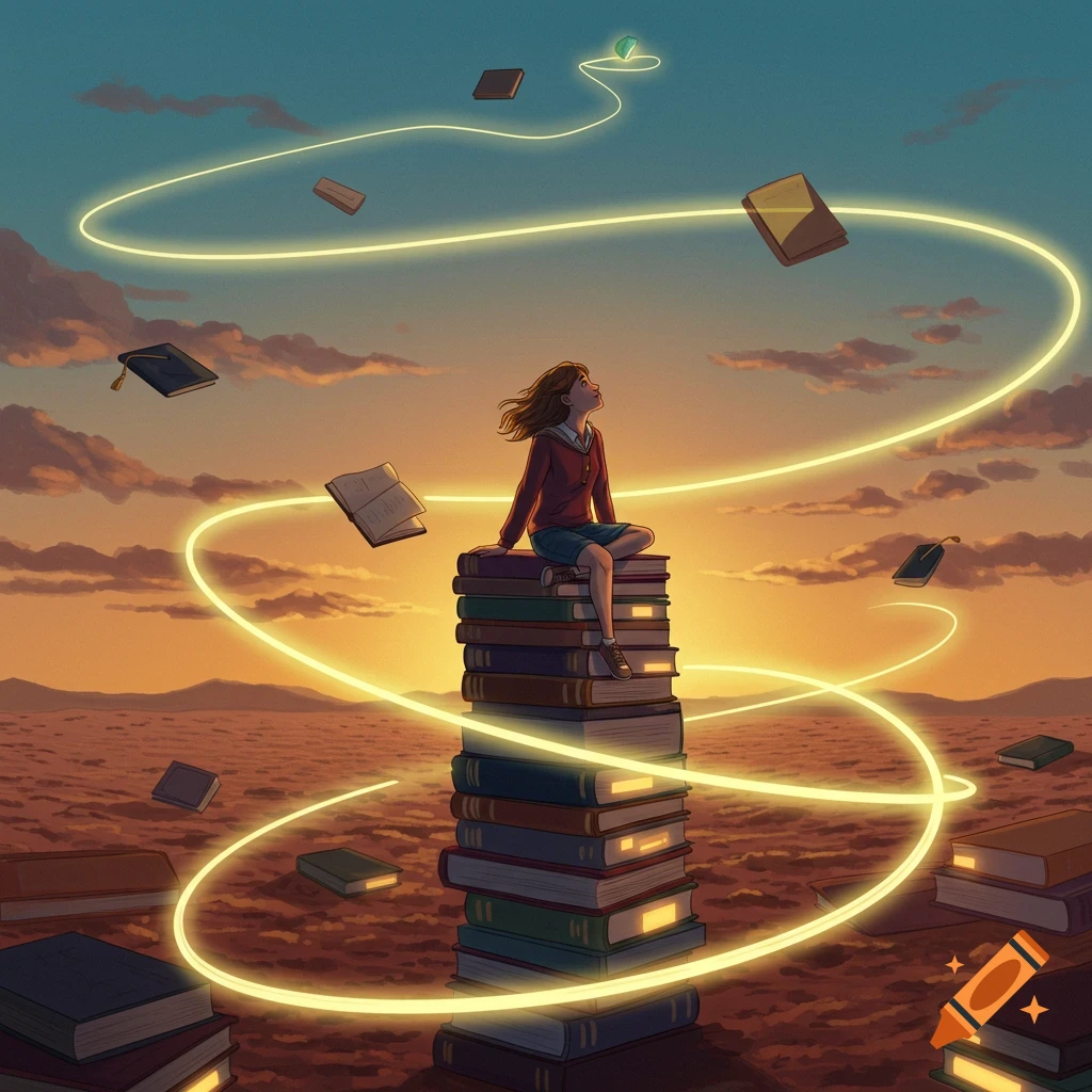 Illustrated young person on a tall book stack, looking up at a glowing orb, surrounded by floating books and light trails in a desert sunset.