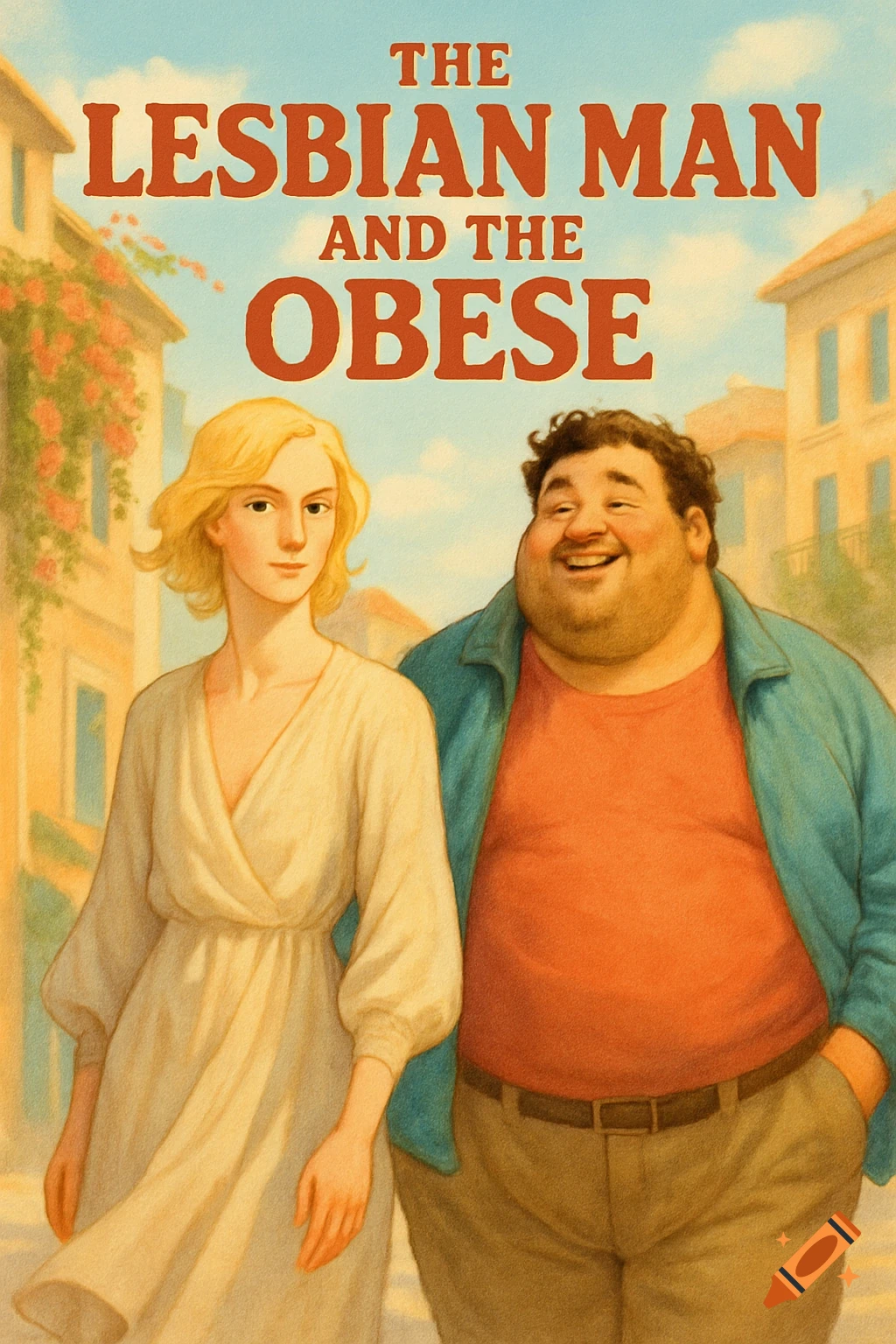 An illustrated movie poster featuring a blonde woman and an obese man walking, with the title 'THE LESBIAN MAN AND THE OBESE'.