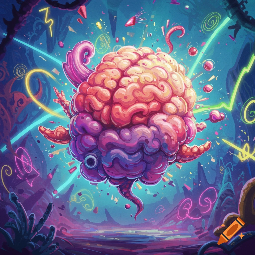 A vibrant, stylized brain floats in a neon-lit, abstract, alien landscape with glowing lines and shapes.