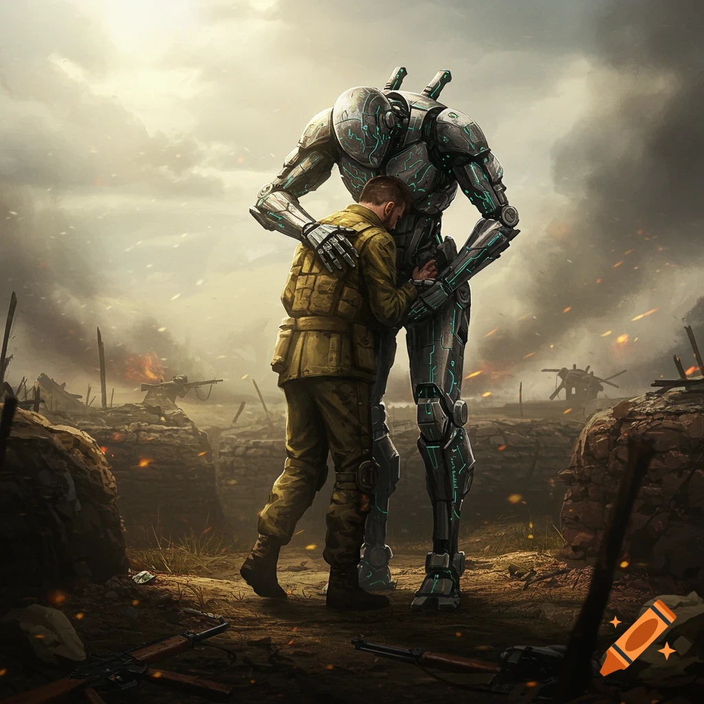 A human soldier in a war-torn trench is embraced by a tall, agile war robot. Digital art.