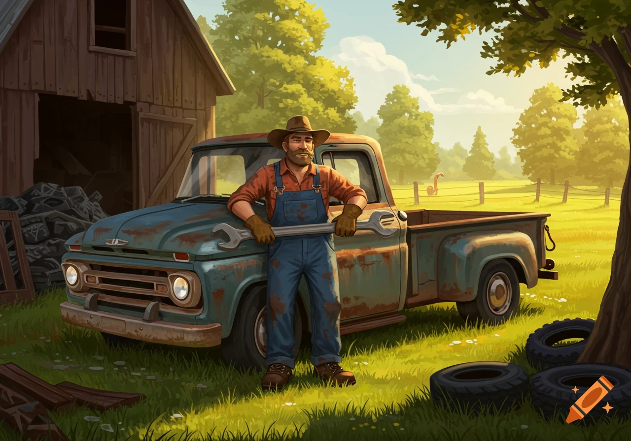 An illustrated man in overalls and a hat leans on an old rusty pickup truck with a large wrench in a rural field with a barn.