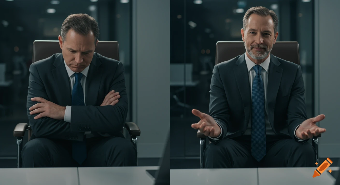 Photorealistic split-screen showing a businessman with closed, anxious body language on the left, and open, confident body language on the right.