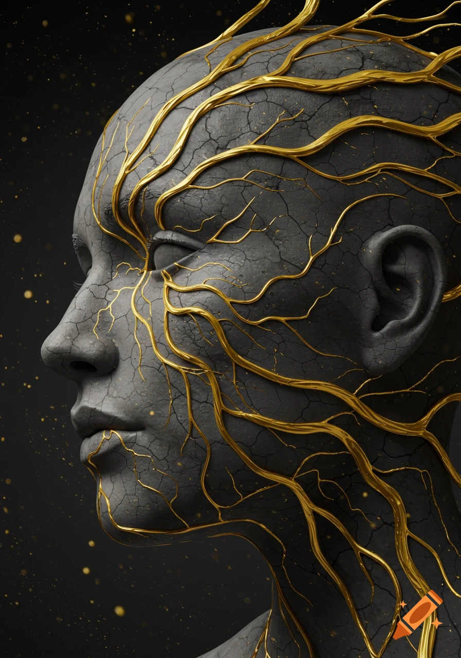 Stylized side profile of a cracked stone human head with intricate gold veins or roots against a dark background.