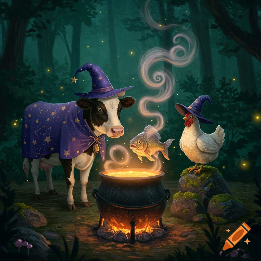 A witch cow and chicken conjure a glowing fish over a bubbling cauldron in a dark, magical forest.