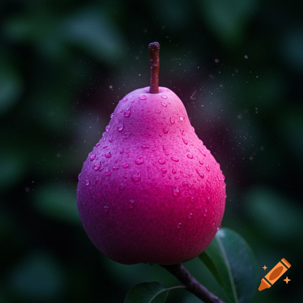 Close-up of a vibrant pink pear covered in water droplets, hanging on a branch against a blurred dark green background.