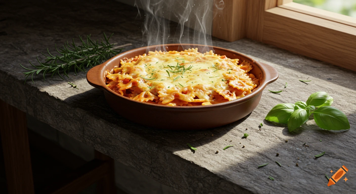 A steaming, cheesy farfalle pasta bake in a brown dish sits on a stone bench next to rosemary and basil leaves, bathed in sunlight.