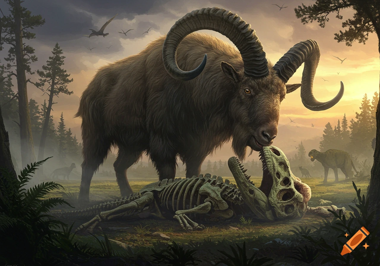 A large, shaggy horned animal stands over a dinosaur skeleton in a misty prehistoric forest at sunset, digital painting.