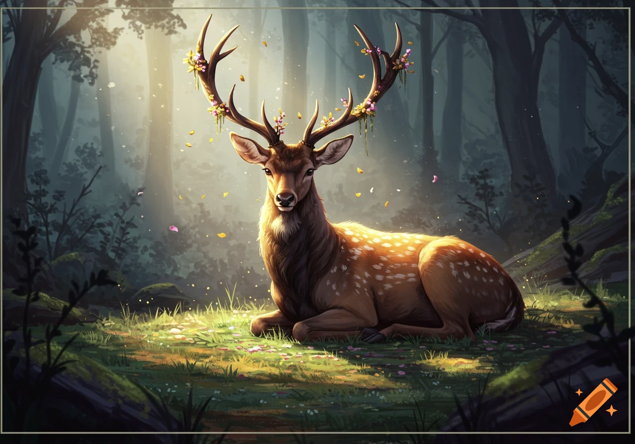 A majestic spotted deer with flowered antlers lies in a mystical, sun-dappled forest with falling petals.