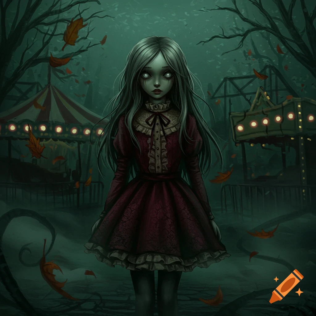 A creepy anime girl with glowing white eyes and long gray hair stands in a dark, desolate amusement park with carnival rides.