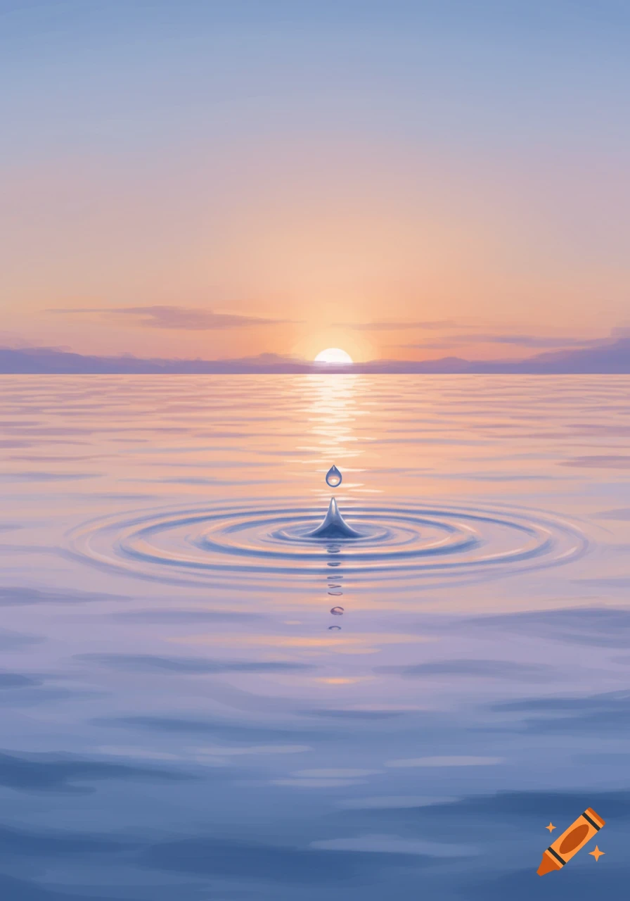 A single water drop creating ripples on a calm, pastel-colored ocean at sunset with the sun low on the horizon.
