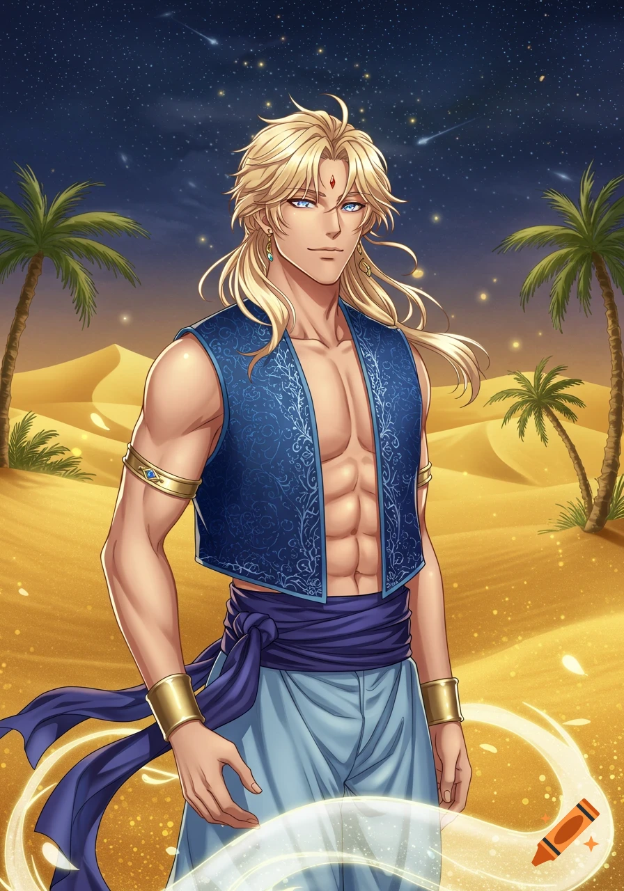 Anime blond djinn with blue vest and sash in a desert at night.