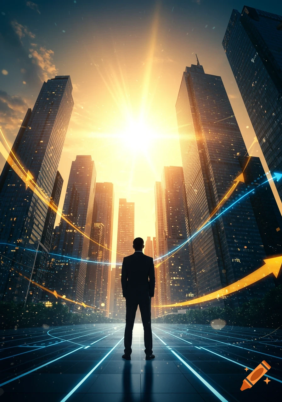 Silhouetted businessman stands on a glowing grid in a futuristic city, looking at a bright sky with rising illuminated arrows.