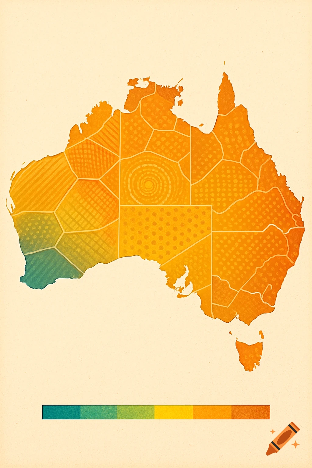 A stylized map of Australia, divided into regions with various patterns and colored with a gradient from blue-green to orange, with a matching color bar below.