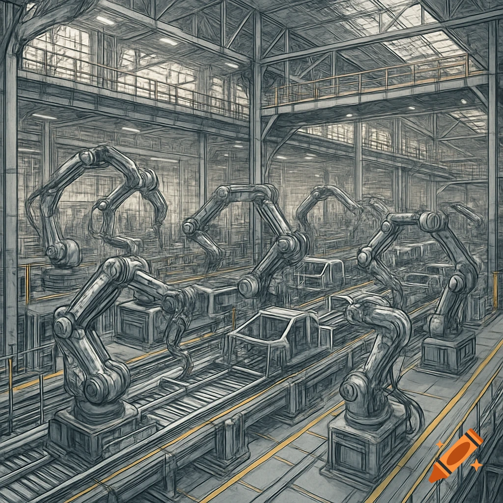 Sketch of multiple robotic arms working on an assembly line in a large, busy factory.