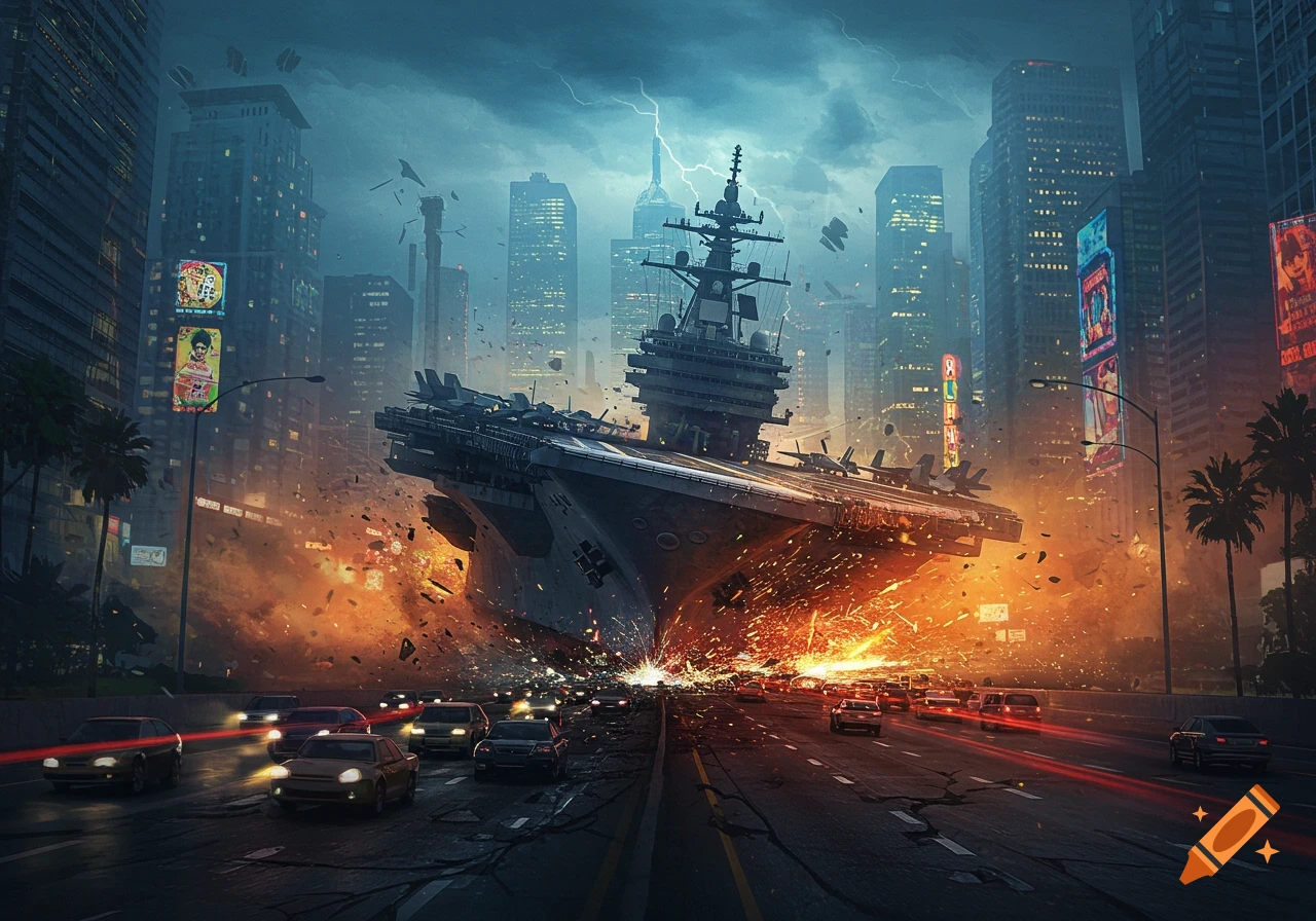 A massive aircraft carrier skids down a futuristic city freeway at night, sparks flying, with skyscrapers and stormy skies.