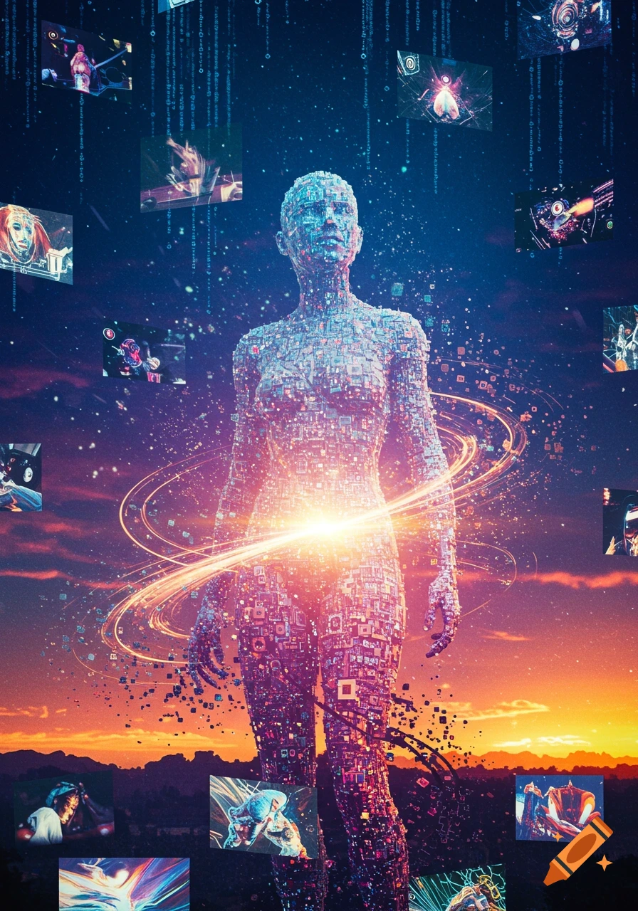 A digital humanoid figure made of data blocks stands against a cosmic sunset with floating screens and code streams.