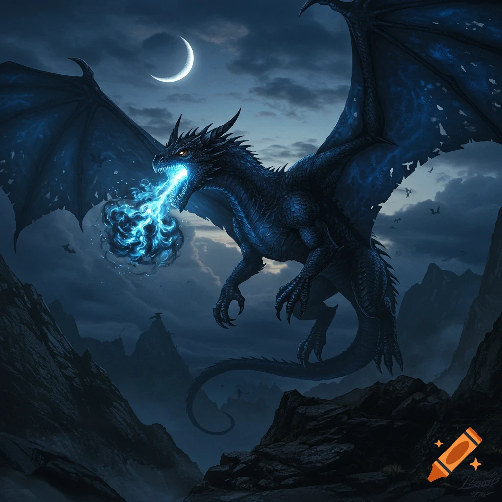 A powerful dark blue dragon breathes blue fire amidst jagged mountains under a crescent moon at night.
