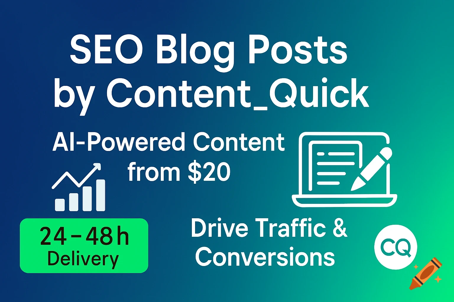 Promotional graphic for Content_Quick SEO blog post service, featuring AI-powered content, fast delivery, and icons.